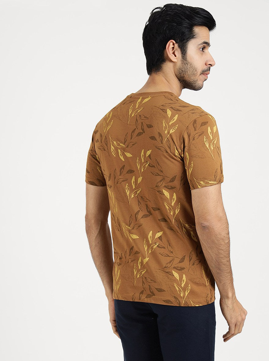 Khaki Printed Slim Fit T-Shirt | Greenfibre