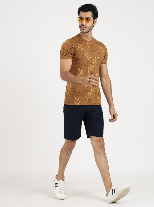 Khaki Printed Slim Fit T-Shirt | Greenfibre