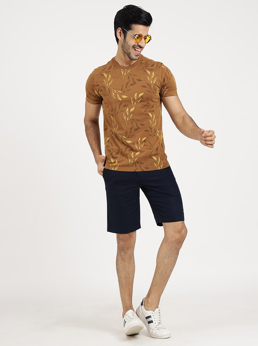 Khaki Printed Slim Fit T-Shirt | Greenfibre