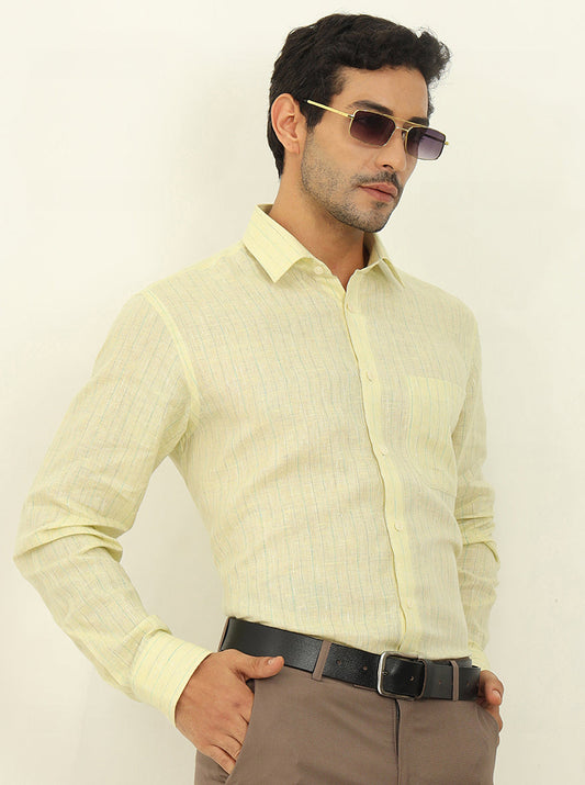 Lemon Yellow Striped Regular Fit Formal Shirt | JadeBlue