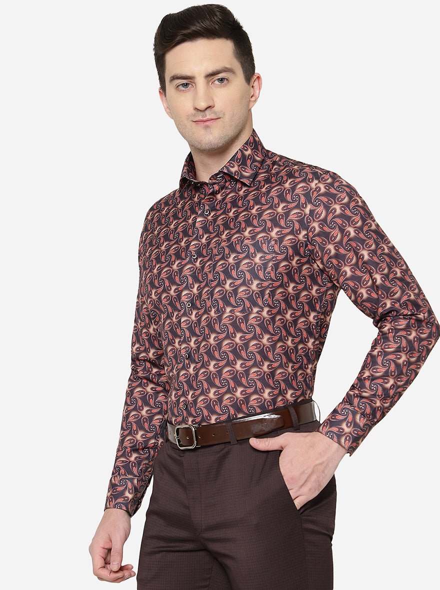 Brown & Orange Printed Slim Fit Party Wear Shirt | Greenfibre