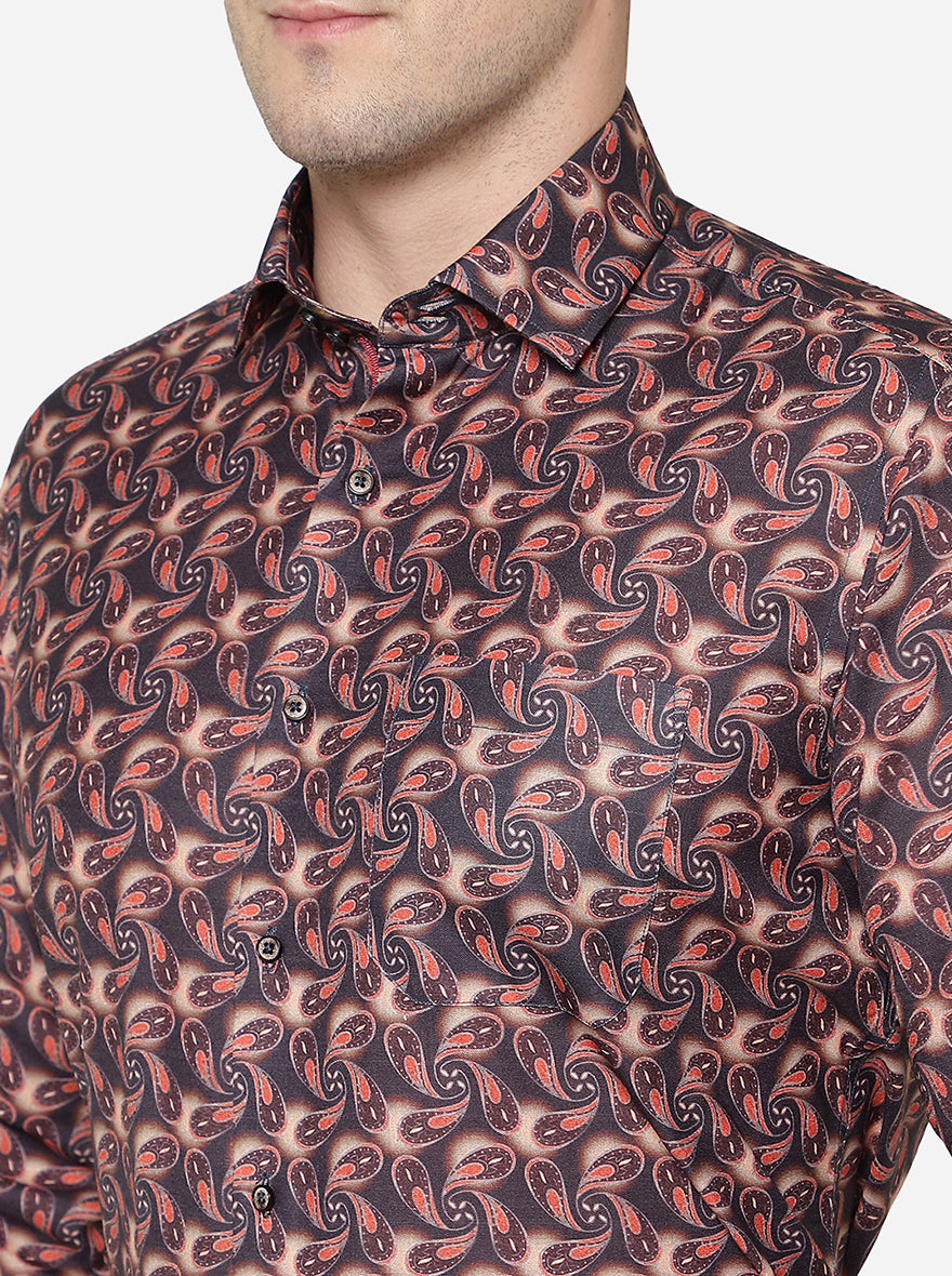 Brown & Orange Printed Slim Fit Party Wear Shirt | Greenfibre