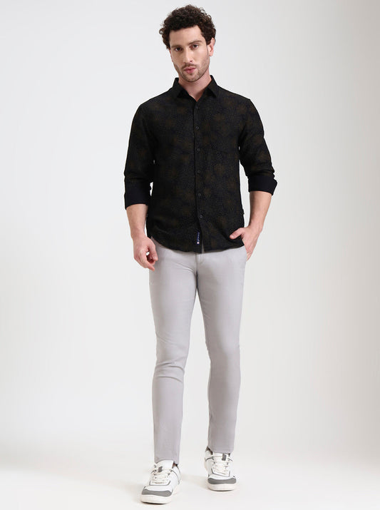 Light Grey Printed Super Slim Fit Casual Trouser | Greenfibre