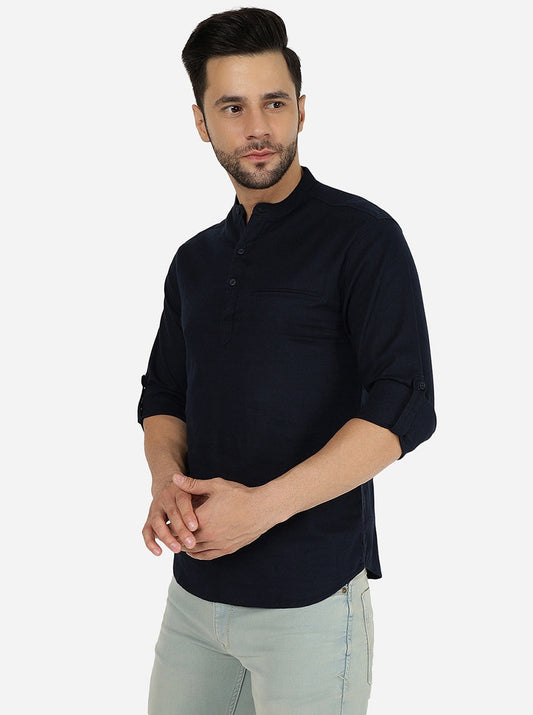 Navy Blue Solid Slim Fit Semi Casual Shirt | Greenfibre