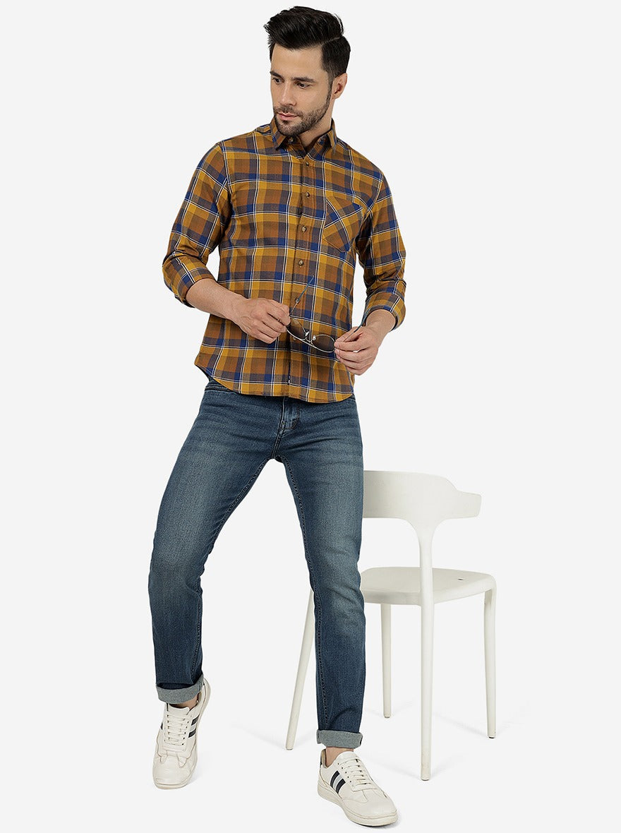 Yellow & Blue Checked Slim Fit Casual Shirt | Greenfibre