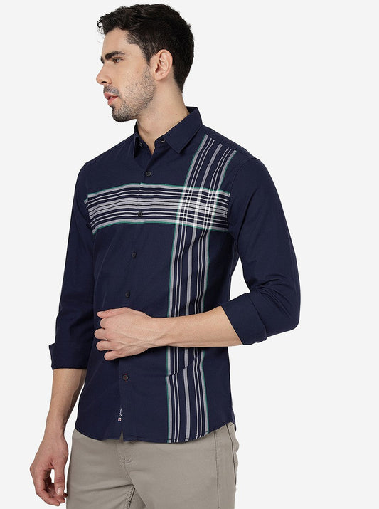 Navy Blue Striped Slim Fit Casual Shirt | Greenfibre