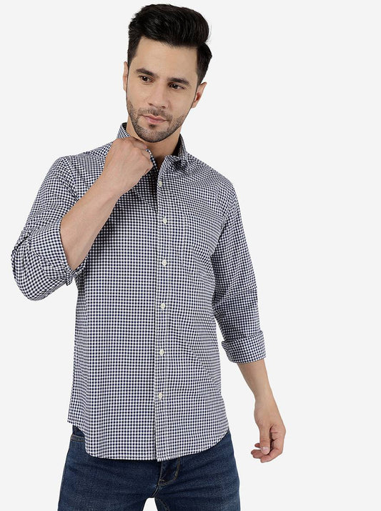 Navy Blue Checked Smart Fit Semi Casual Shirt | Greenfibre