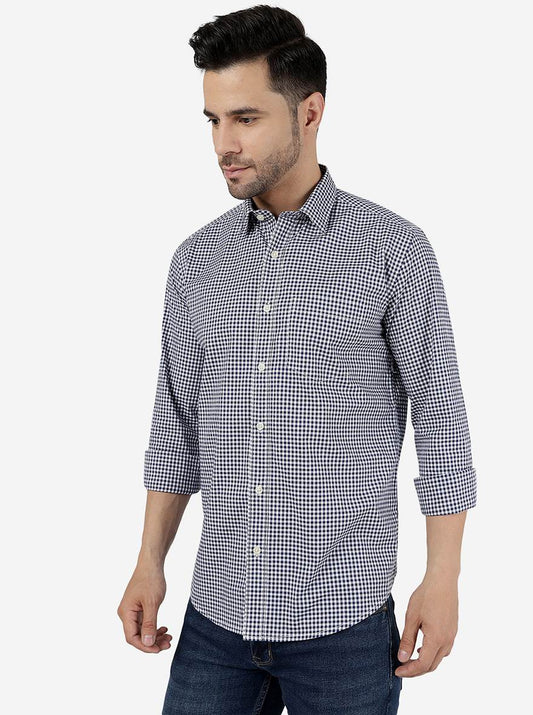 Navy Blue Checked Smart Fit Semi Casual Shirt | Greenfibre