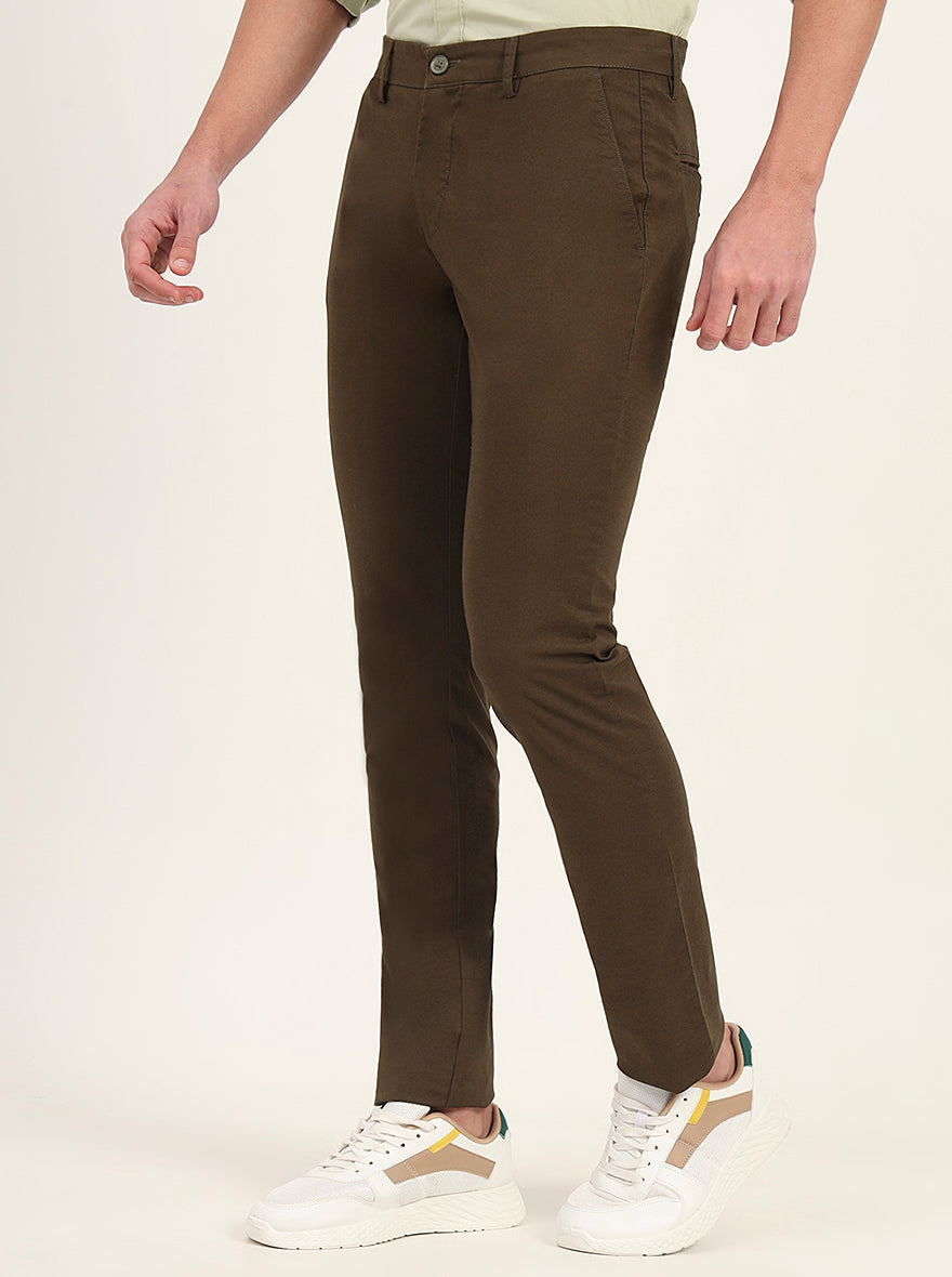 Olive Brown Solid Super Slim Fit Casual Trouser | Greenfibre