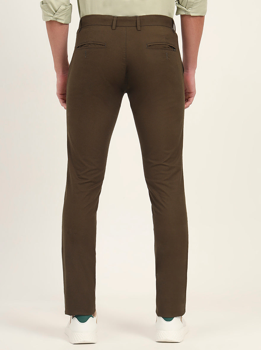 Olive Brown Solid Super Slim Fit Casual Trouser | Greenfibre