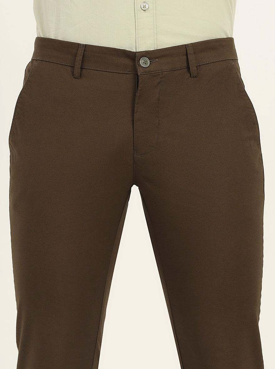Olive Brown Solid Super Slim Fit Casual Trouser | Greenfibre