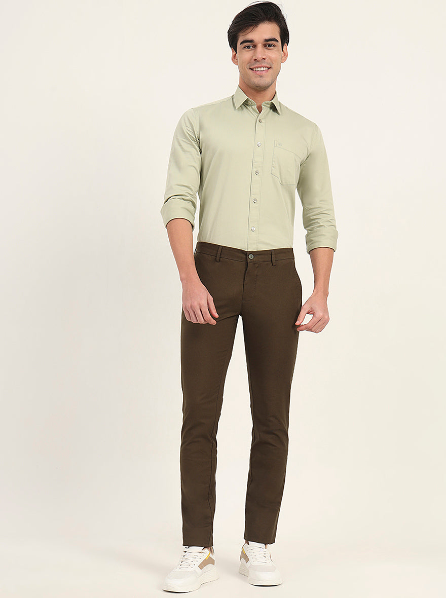 Olive Brown Solid Super Slim Fit Casual Trouser | Greenfibre