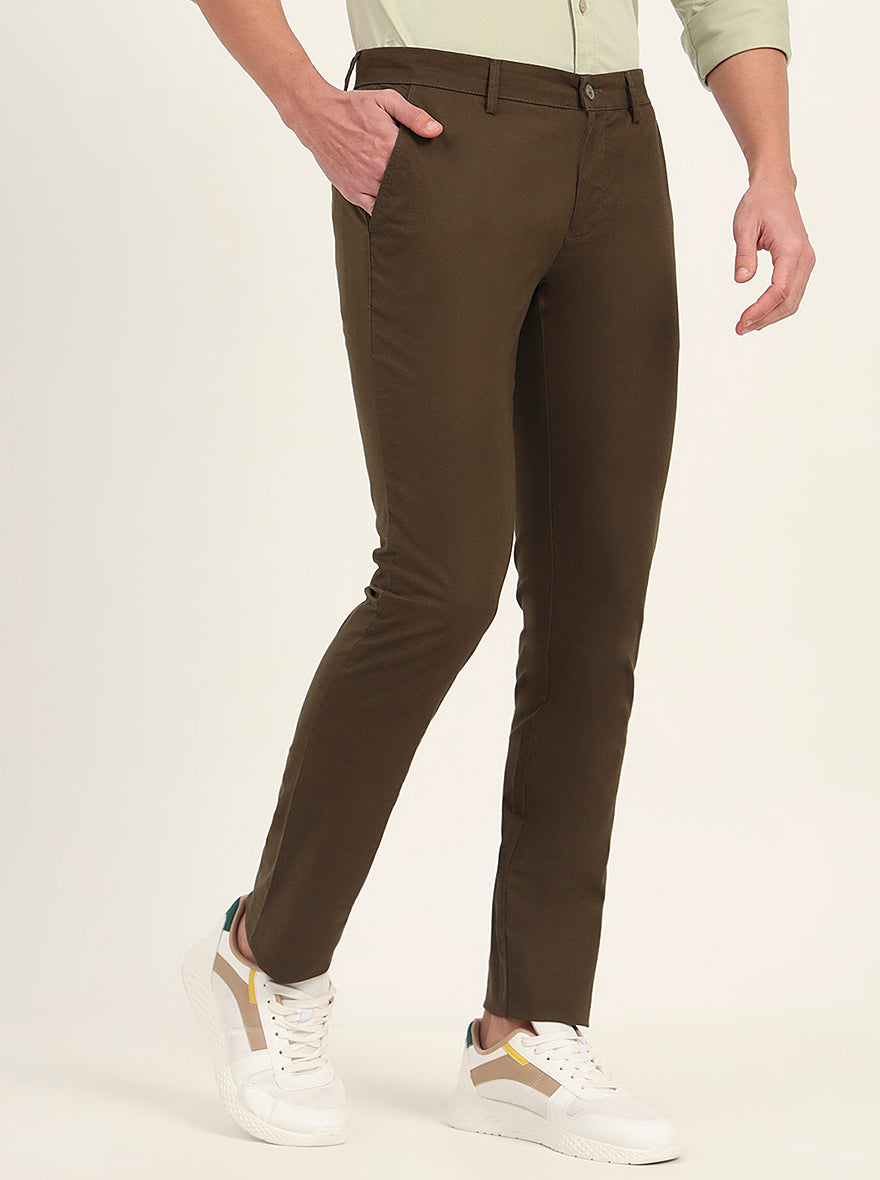 Olive Brown Solid Super Slim Fit Casual Trouser | Greenfibre