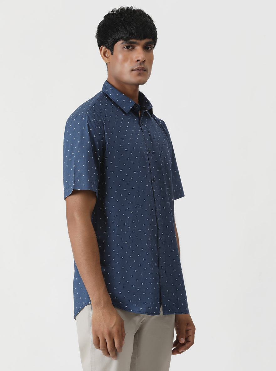 Navy Blue Printed Smart Fit Semi Casual Shirt | Greenfibre