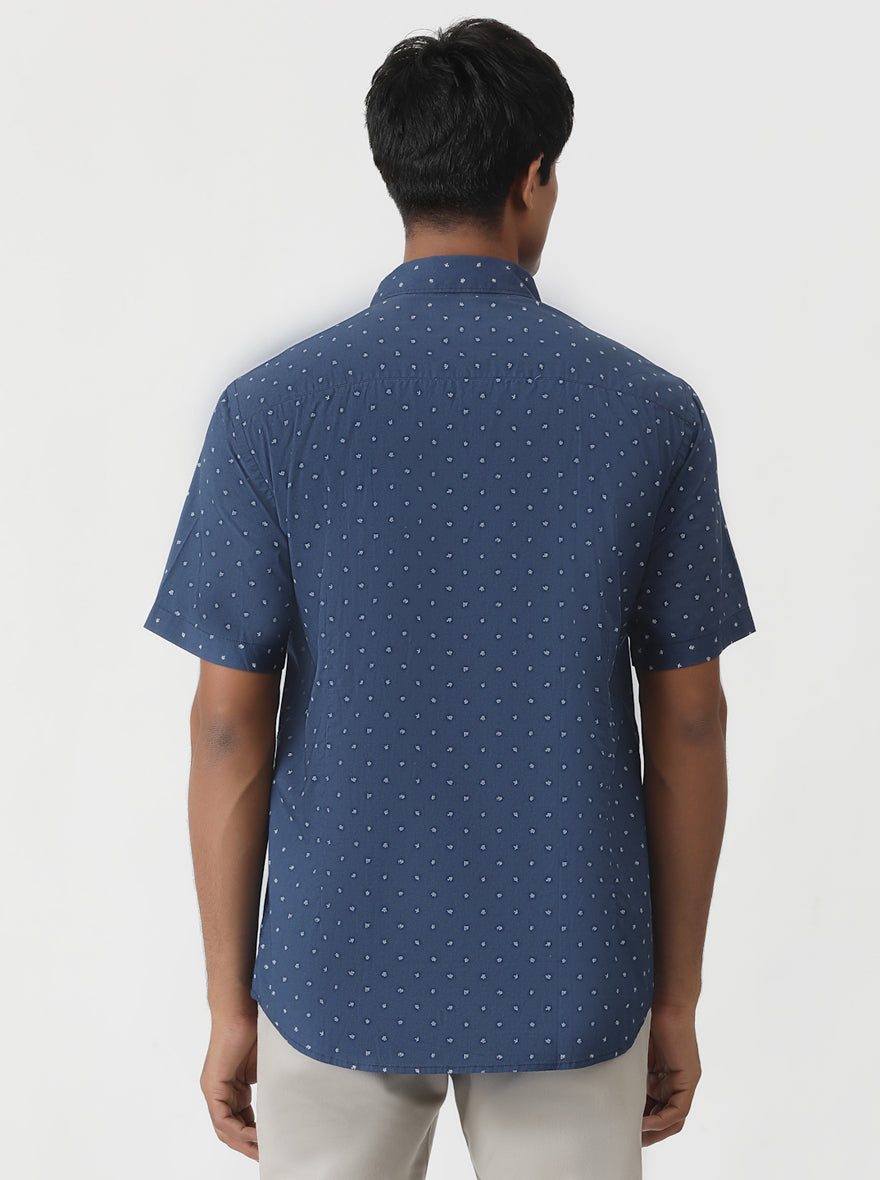 Navy Blue Printed Smart Fit Semi Casual Shirt | Greenfibre