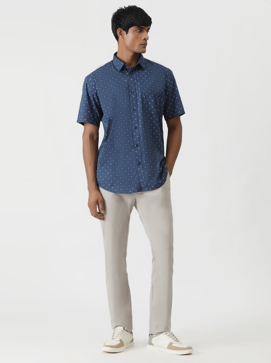 Navy Blue Printed Smart Fit Semi Casual Shirt | Greenfibre