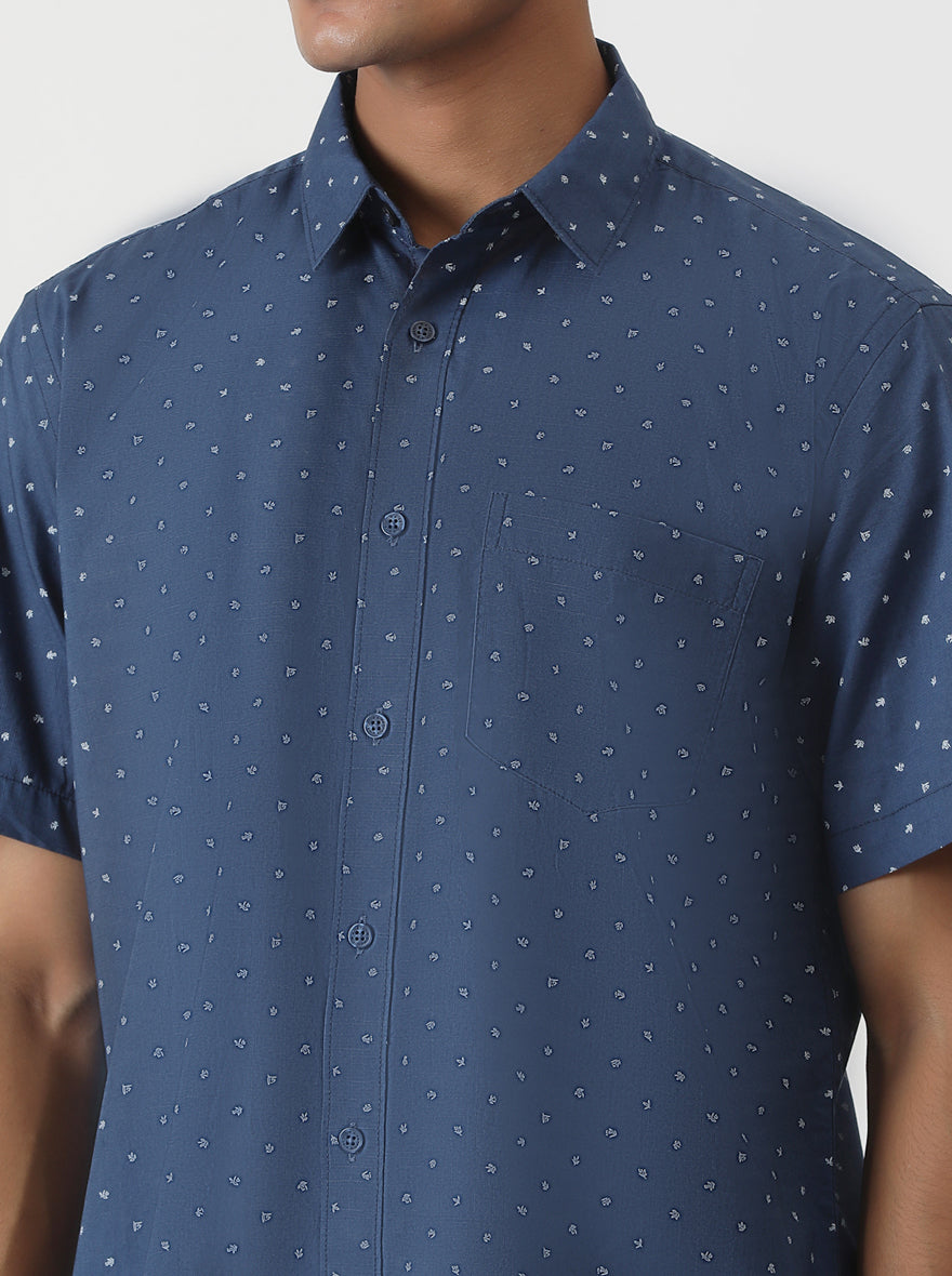Navy Blue Printed Smart Fit Semi Casual Shirt | Greenfibre