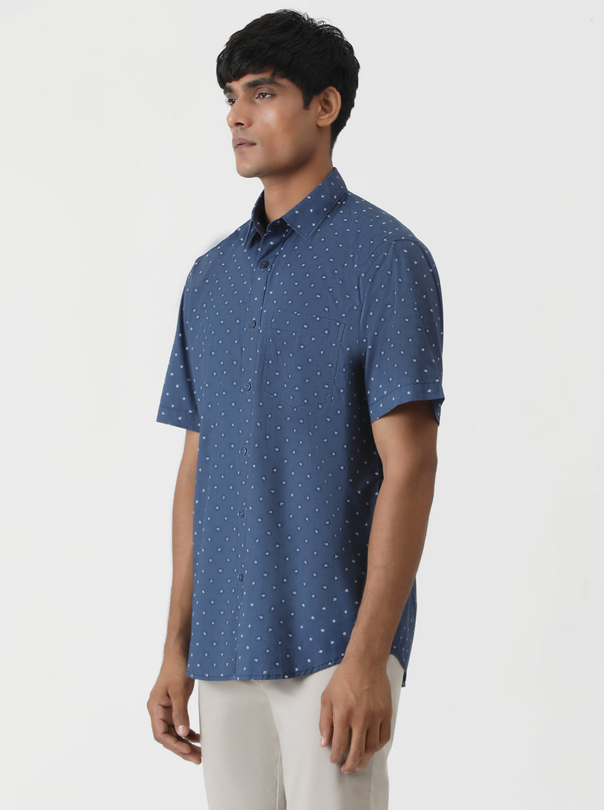 Navy Blue Printed Smart Fit Semi Casual Shirt | Greenfibre