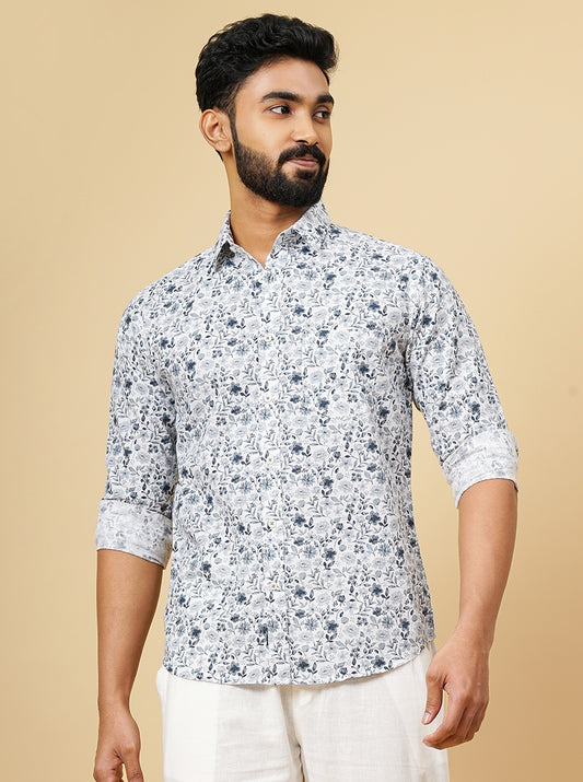 Light Grey Printed Slim Fit Casual Shirt | Greenfibre