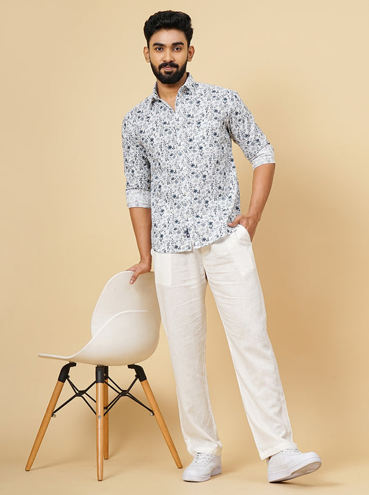 Light Grey Printed Slim Fit Casual Shirt | Greenfibre