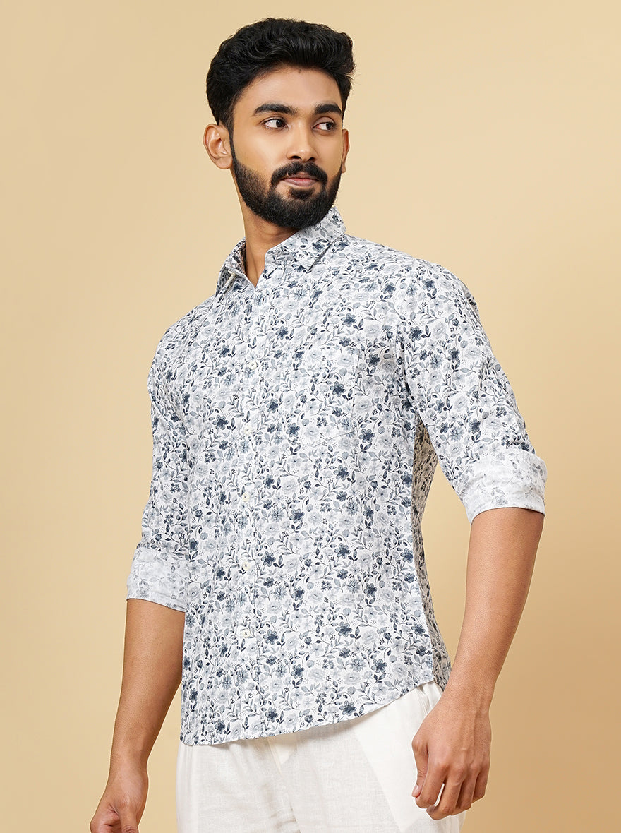 Light Grey Printed Slim Fit Casual Shirt | Greenfibre
