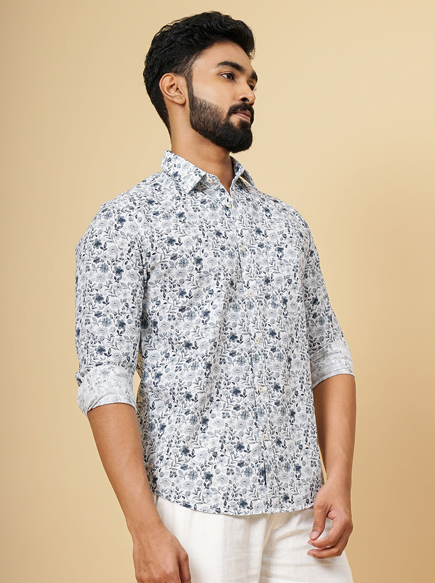Light Grey Printed Slim Fit Casual Shirt | Greenfibre