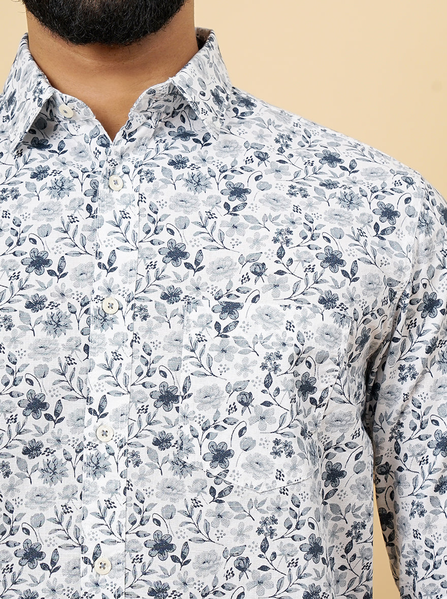 Light Grey Printed Slim Fit Casual Shirt | Greenfibre