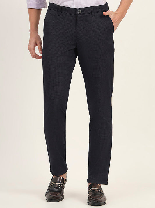 Navy Blue Printed Neo Fit Casual Trouser | Greenfibre