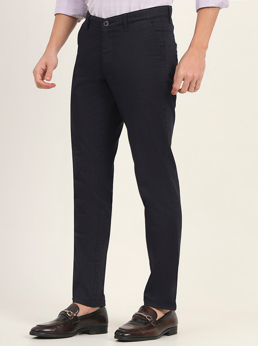Navy Blue Printed Neo Fit Casual Trouser | Greenfibre