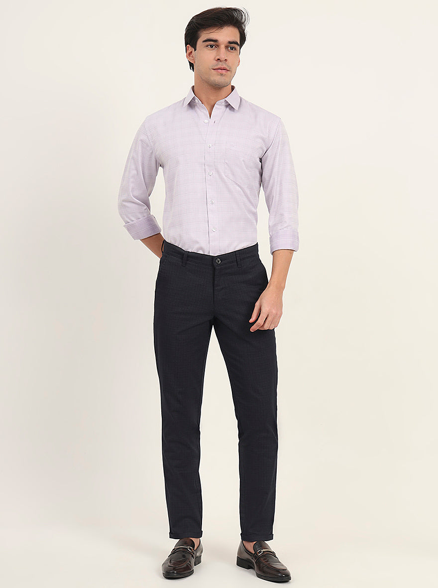 Navy Blue Printed Neo Fit Casual Trouser | Greenfibre