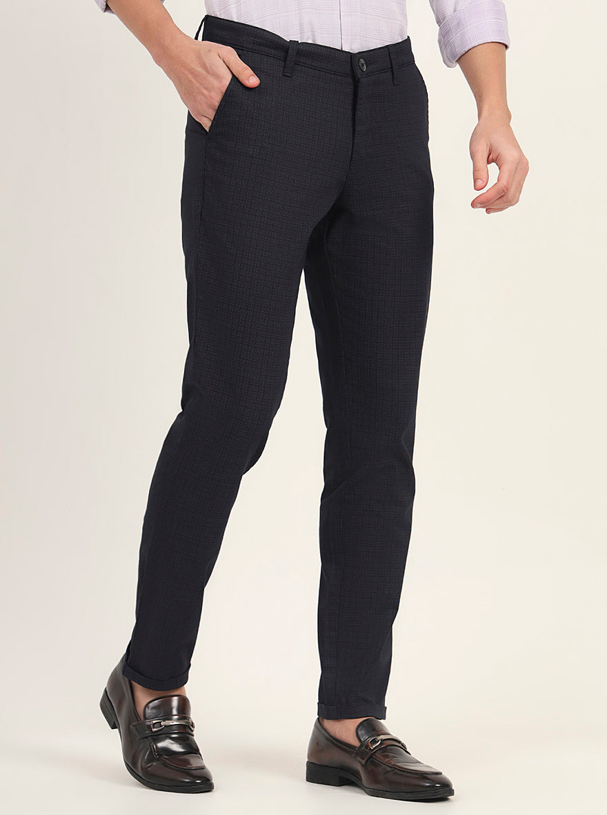 Navy Blue Printed Neo Fit Casual Trouser | Greenfibre
