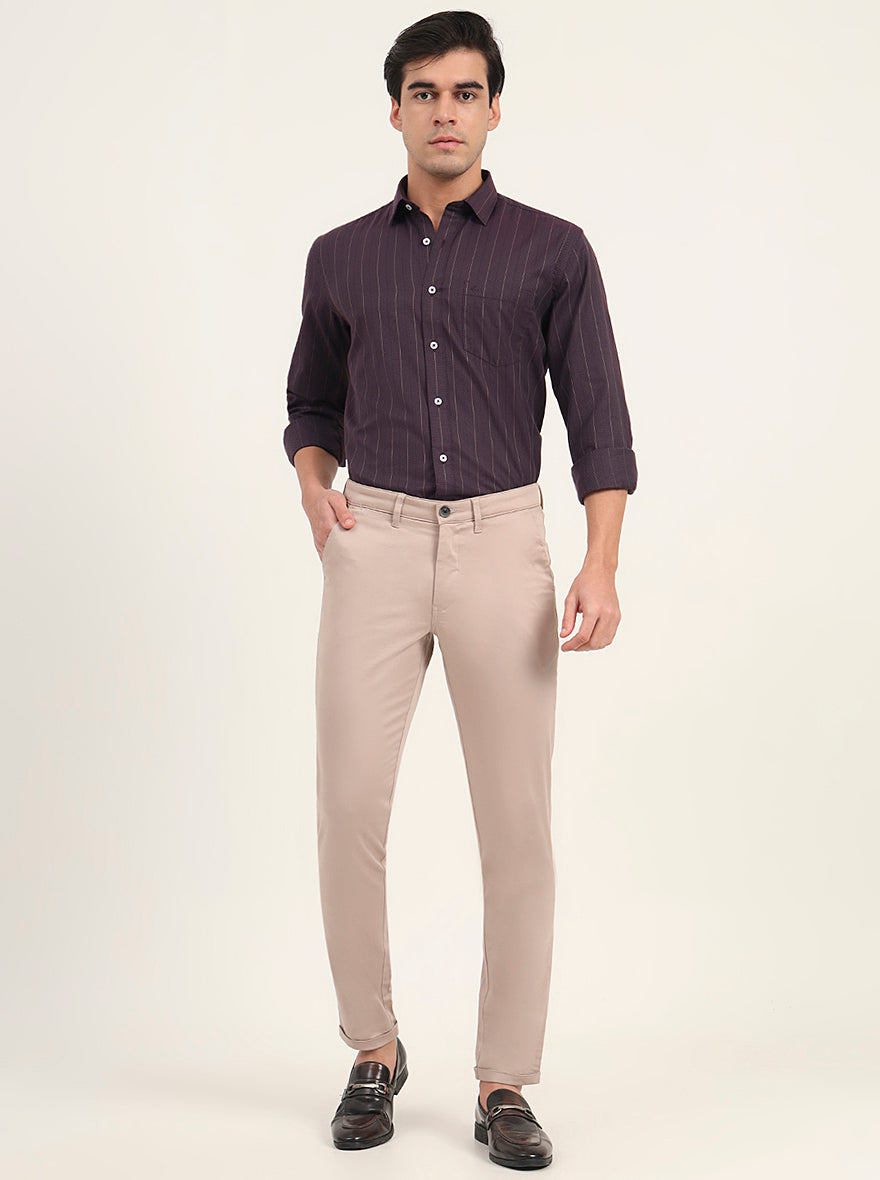 Beige Solid Slim Fit Casual Trouser | Greenfibre