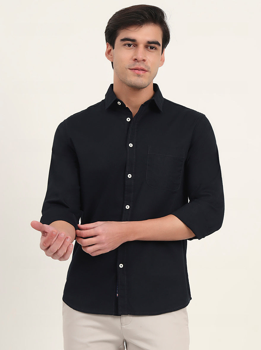 Navy Blue Solid Slim Fit Casual Shirt | Greenfibre