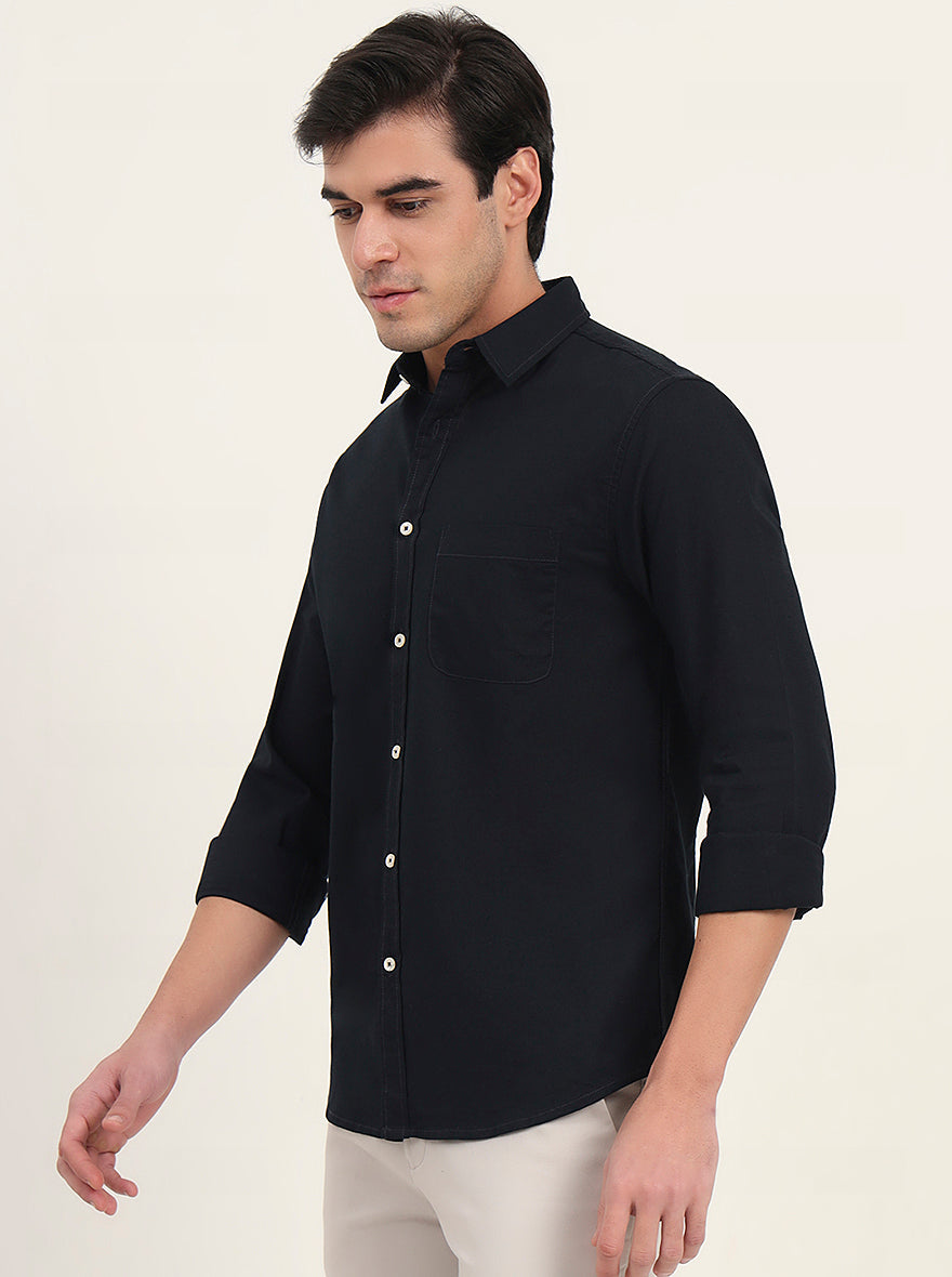 Navy Blue Solid Slim Fit Casual Shirt | Greenfibre