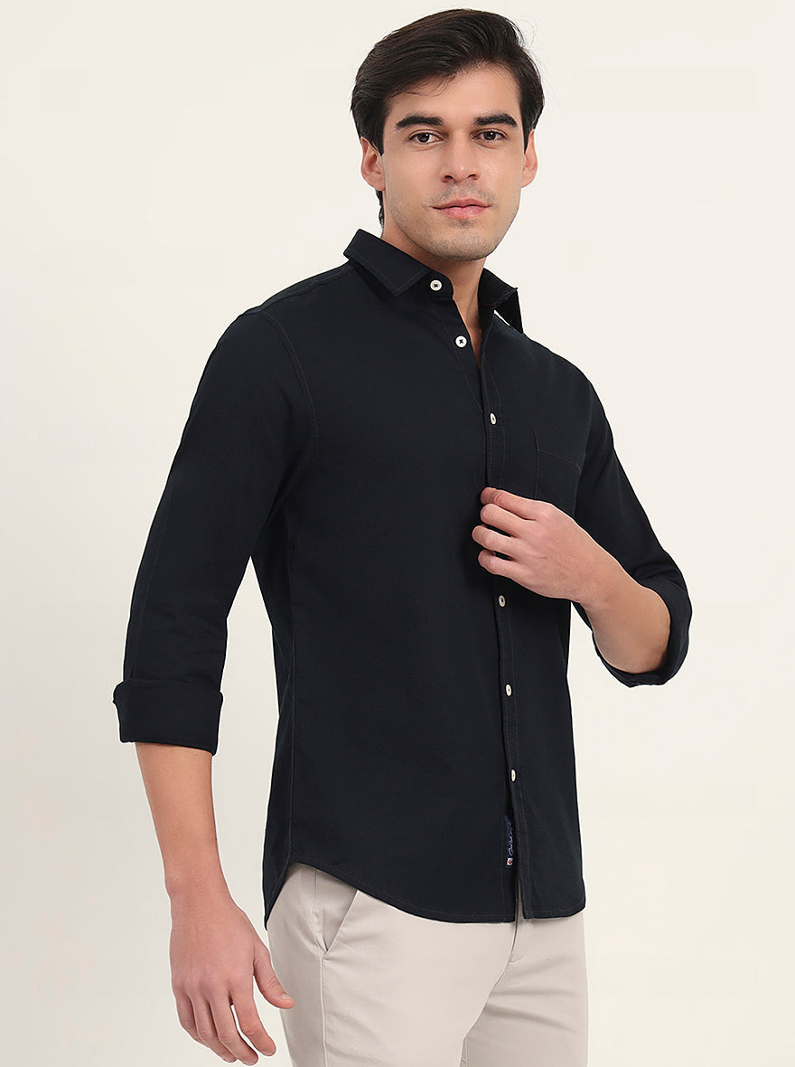 Navy Blue Solid Slim Fit Casual Shirt | Greenfibre
