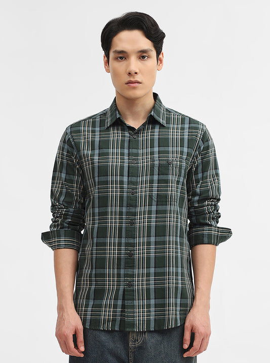 Olive Checked Slim Fit Casual Shirt | Greenfibre