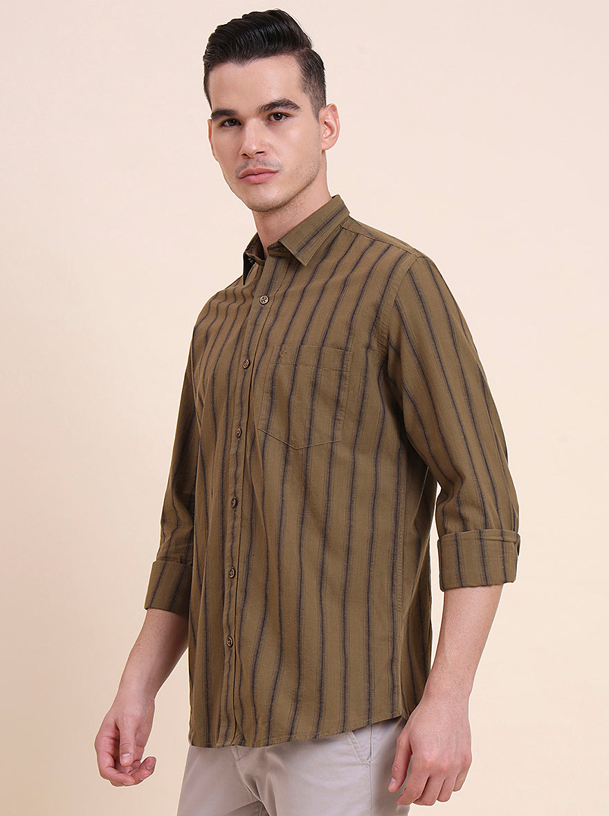 Olive Brown Striped Smart Fit Semi Casual Shirt | Greenfibre