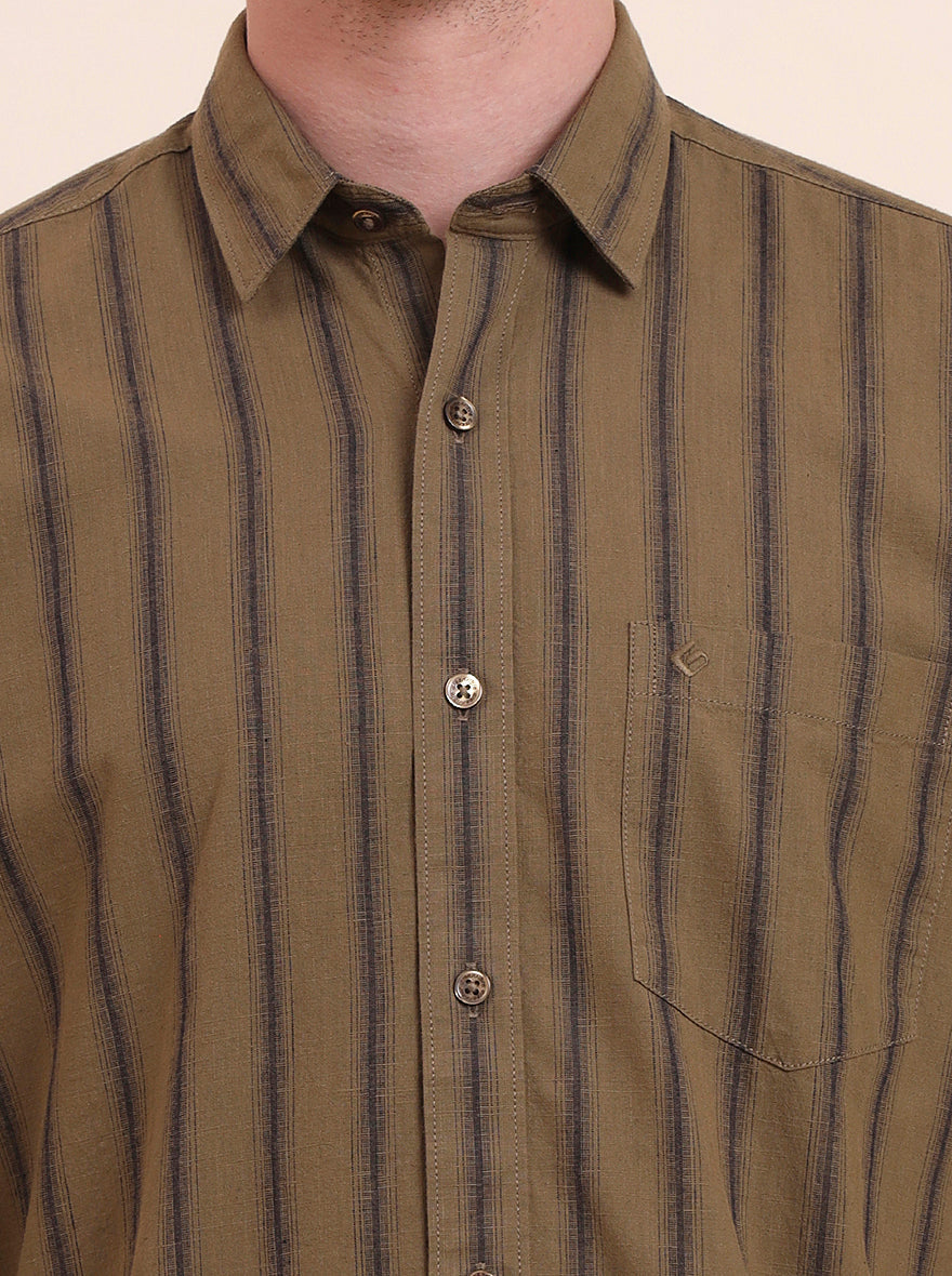Olive Brown Striped Smart Fit Semi Casual Shirt | Greenfibre