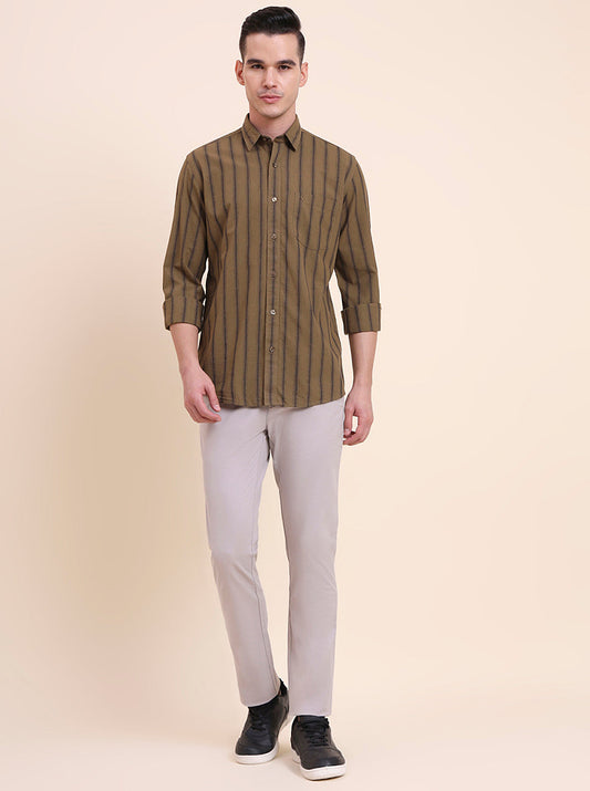 Olive Brown Striped Smart Fit Semi Casual Shirt | Greenfibre