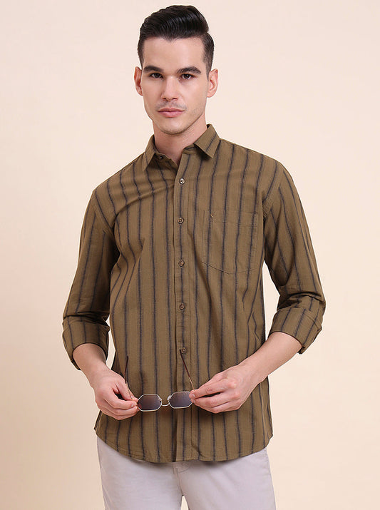 Olive Brown Striped Smart Fit Semi Casual Shirt | Greenfibre