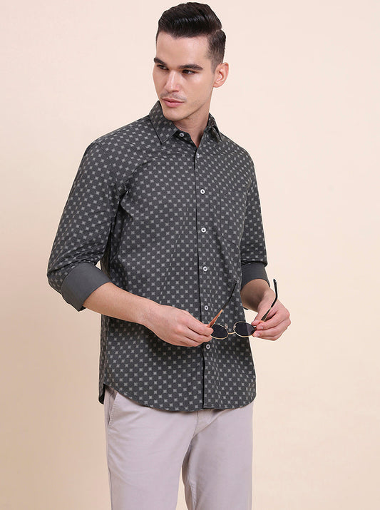 Dark Grey Printed Smart Fit Semi Casual Shirt | Greenfibre