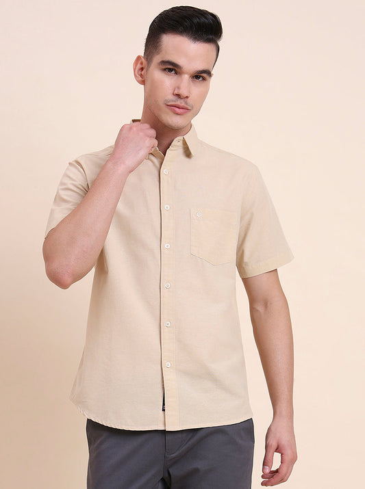 Beige Solid Slim Fit Casual Shirt | Greenfibre