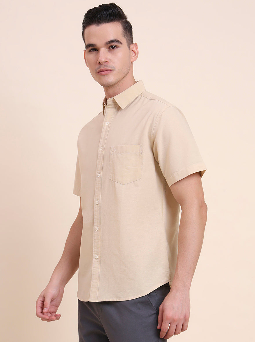 Beige Solid Slim Fit Casual Shirt | Greenfibre