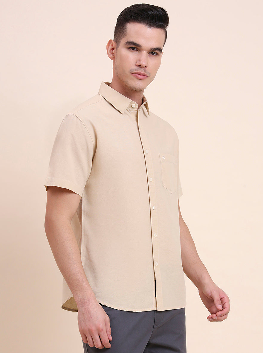 Beige Solid Slim Fit Casual Shirt | Greenfibre