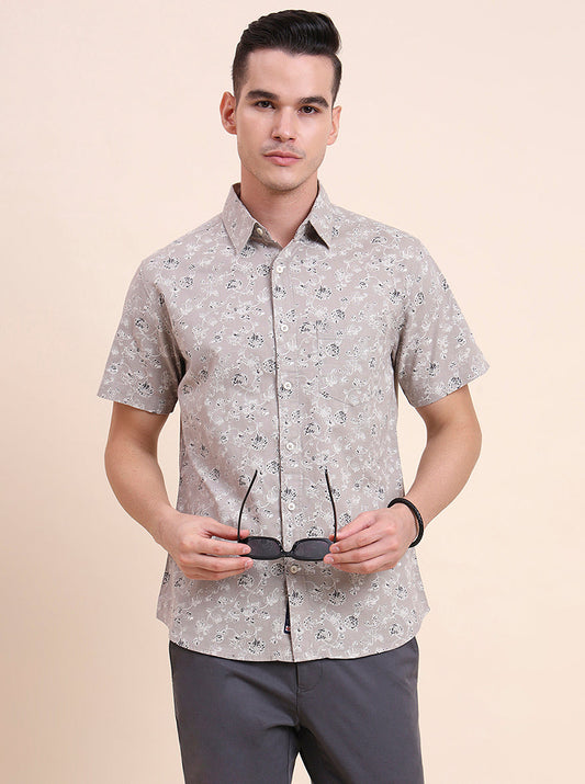 Grey Printed Slim Fit Casual Shirt | Greenfibre