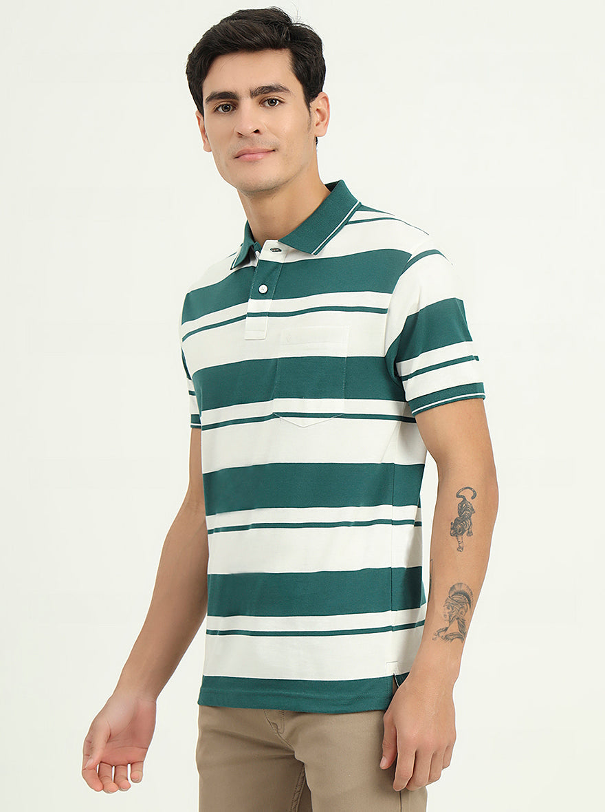 White & Bottle Green Striped Slim Fit Polo T-Shirt | Greenfibre