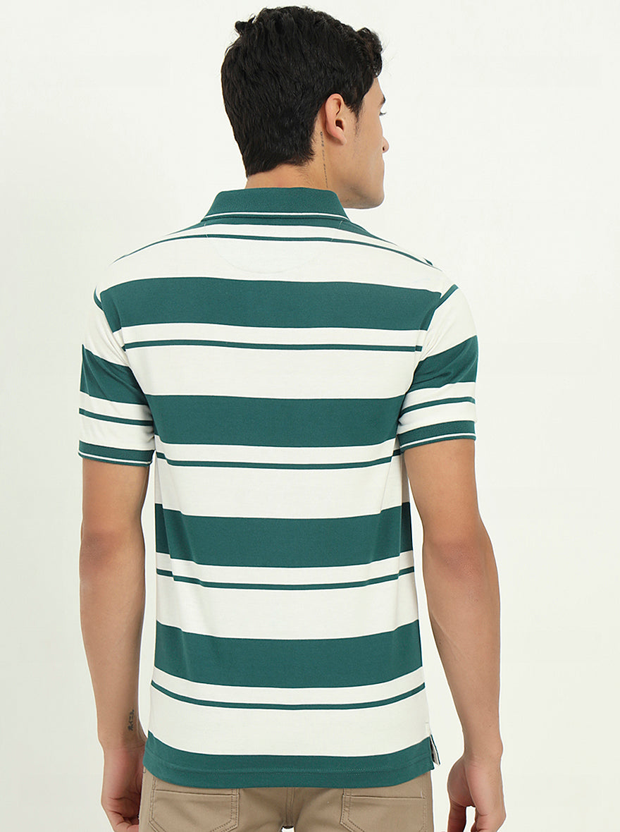 White & Bottle Green Striped Slim Fit Polo T-Shirt | Greenfibre