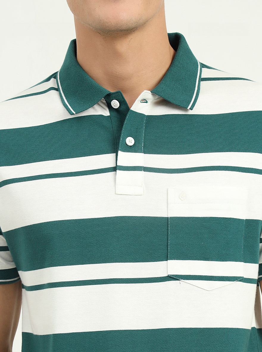 White & Bottle Green Striped Slim Fit Polo T-Shirt | Greenfibre