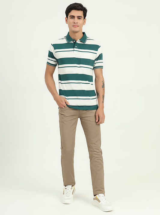 White & Bottle Green Striped Slim Fit Polo T-Shirt | Greenfibre