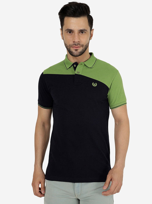 Green & Navy Blue Solid Slim Fit Polo T-Shirt | Greenfibre